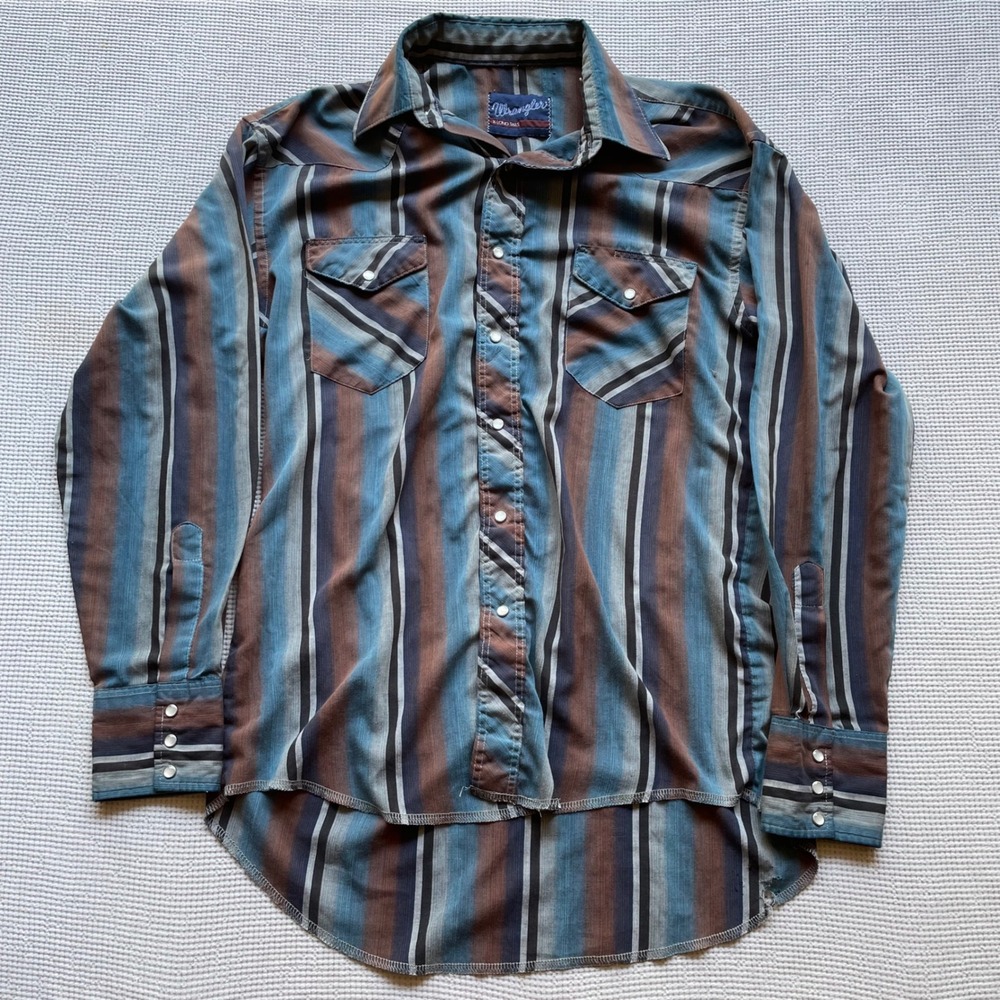 Wrangler Western Pearl Snap Shirt Mens Medium Blue Brown Striped X-Long Tails